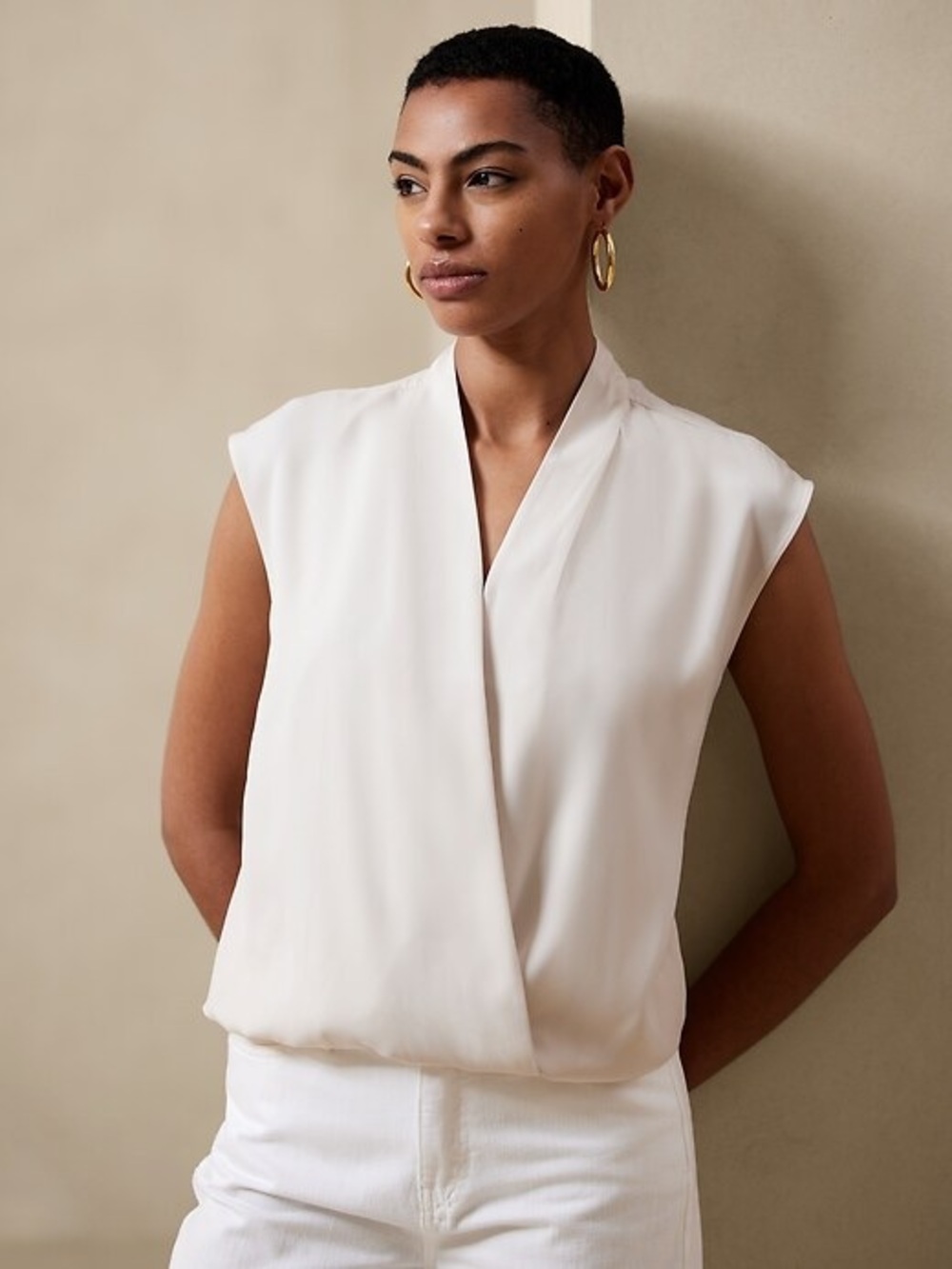 BANANA REPUBLIC Sleeveless Drape Front Wrap Blouse Cream S